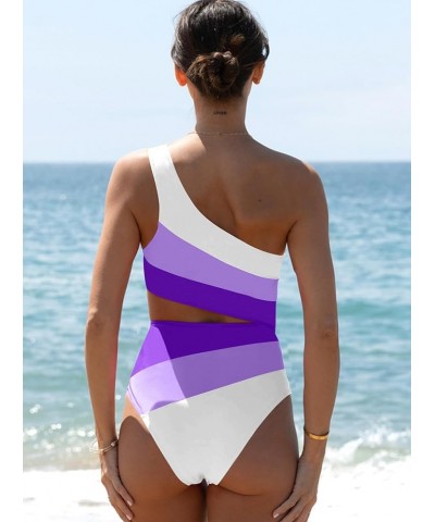 Cut Out One Piece Bathing Suit for Women Color Block One Shoulder Swimsuit Purple $20.05 Swimsuits