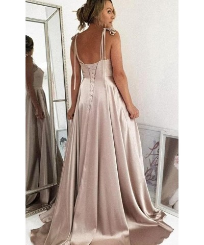 Women's Spaghetti Straps Bridesmaid Dresses with Pockets Split Ruched Satin A Line Formal Evening Gowns AG062 Sage Green $30....