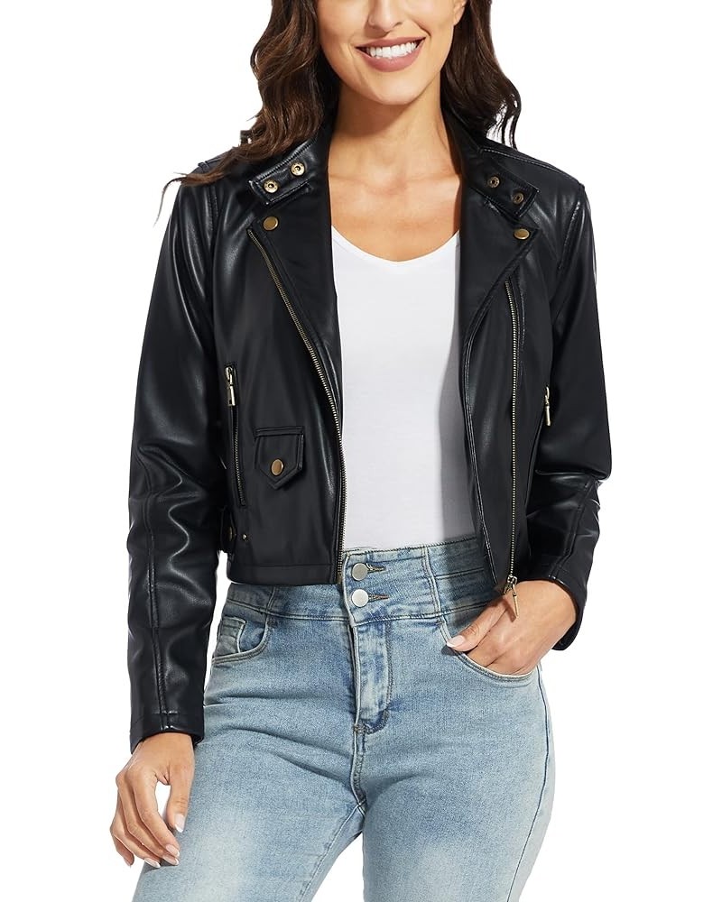 Women's Faux Leather Jackets, Zip Up Motorcycle Short PU Moto Biker Outwear Fitted Slim Coat Black-ss $18.80 Coats