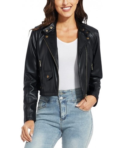 Women's Faux Leather Jackets, Zip Up Motorcycle Short PU Moto Biker Outwear Fitted Slim Coat Black-ss $18.80 Coats