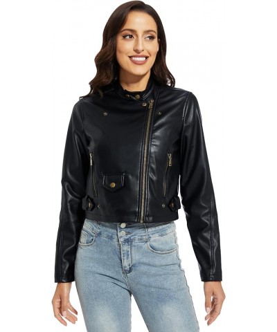 Women's Faux Leather Jackets, Zip Up Motorcycle Short PU Moto Biker Outwear Fitted Slim Coat Black-ss $18.80 Coats