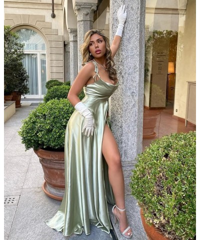 Women's Spaghetti Straps Bridesmaid Dresses with Pockets Split Ruched Satin A Line Formal Evening Gowns AG062 Sage Green $30....