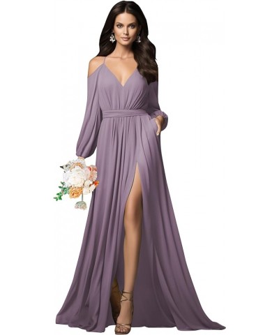 Long Sleeve Bridesmaid Dresses Chiffon V Neck Spaghetti Straps Ruched A-line Prom Dress with Slit Pockets Wisteria $31.89 Dre...