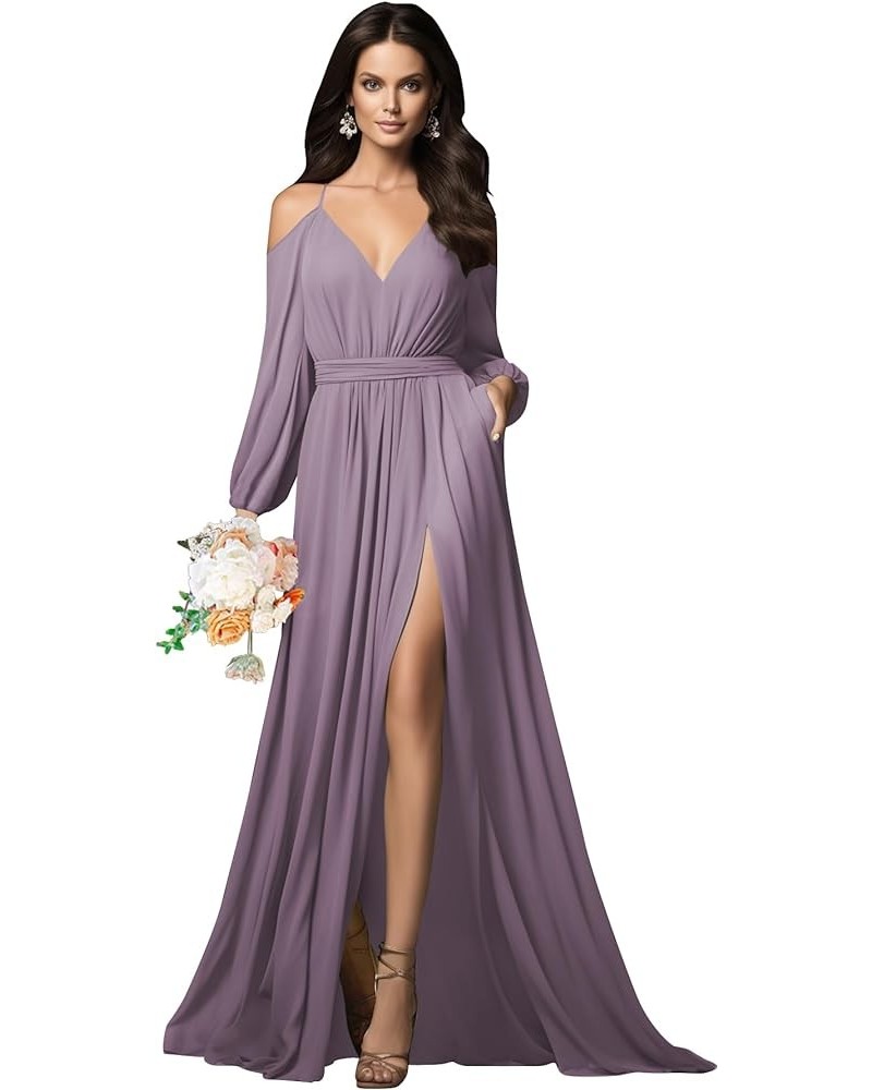 Long Sleeve Bridesmaid Dresses Chiffon V Neck Spaghetti Straps Ruched A-line Prom Dress with Slit Pockets Wisteria $31.89 Dre...