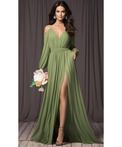 Long Sleeve Bridesmaid Dresses Chiffon V Neck Spaghetti Straps Ruched A-line Prom Dress with Slit Pockets Wisteria $31.89 Dre...