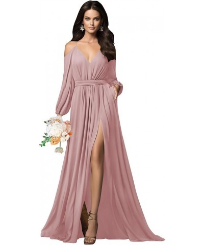 Long Sleeve Bridesmaid Dresses Chiffon V Neck Spaghetti Straps Ruched A-line Prom Dress with Slit Pockets Wisteria $31.89 Dre...