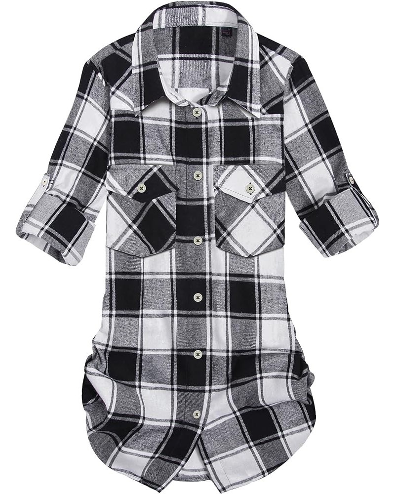 Womens Flannel Plaid Shirt Long Sleeve Roll Up Button Down Casual Shirts Plaid-black & White $16.23 Blouses