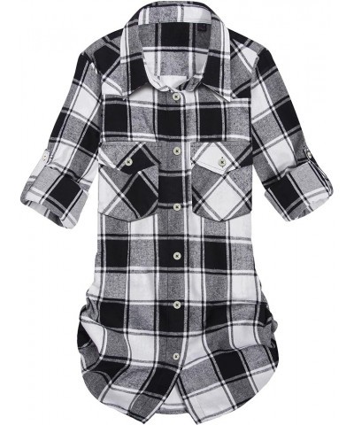 Womens Flannel Plaid Shirt Long Sleeve Roll Up Button Down Casual Shirts Plaid-black & White $16.23 Blouses