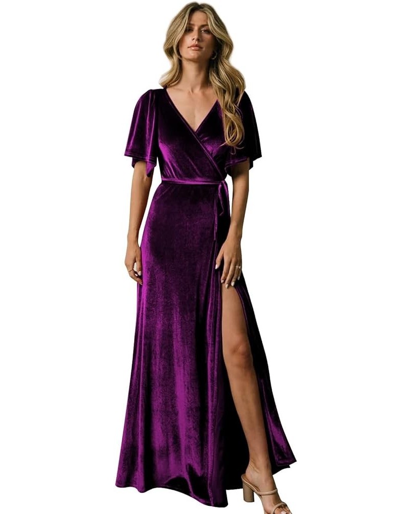 Women's Flutter Sleeve Velvet Bridesmaid Dresses with Slit for Wedding V Neck Wrap Formal Gown Evening Dress Purple $39.77 Dr...