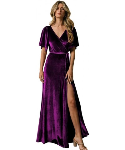 Women's Flutter Sleeve Velvet Bridesmaid Dresses with Slit for Wedding V Neck Wrap Formal Gown Evening Dress Purple $39.77 Dr...