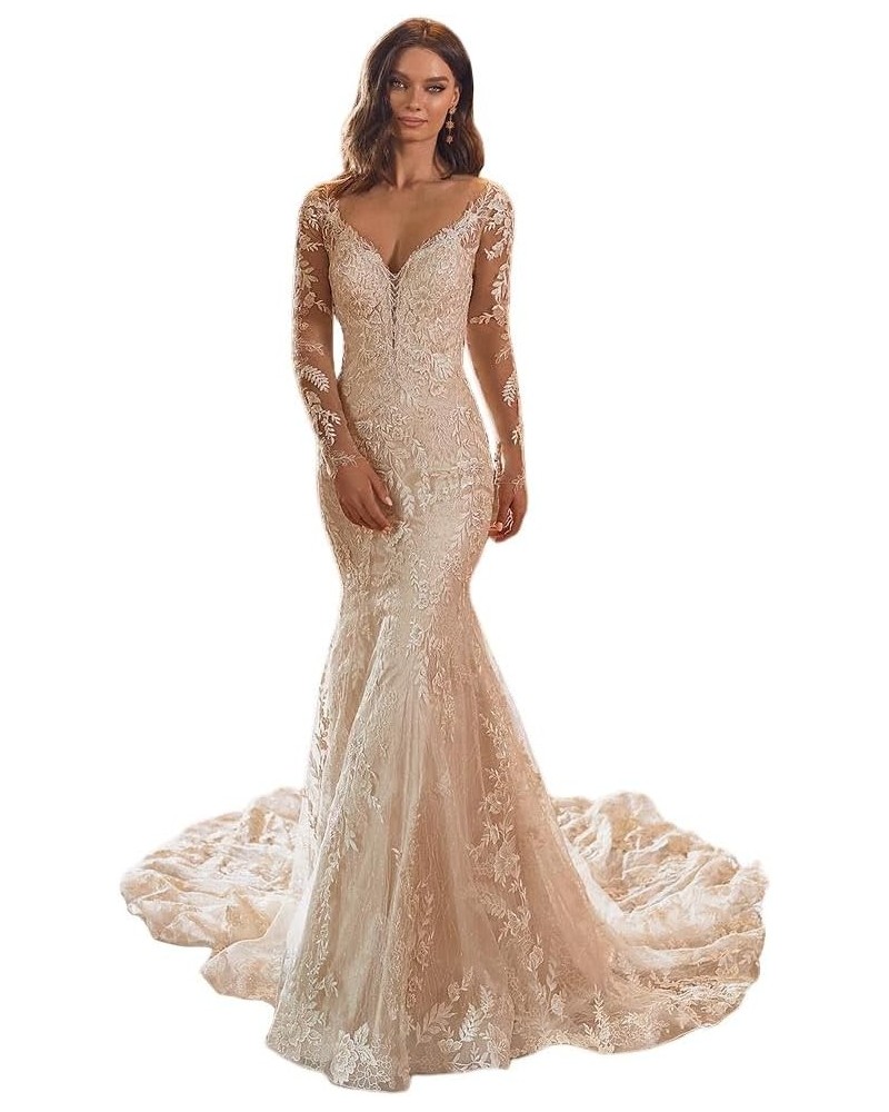 Women's Mermaid Wedding Dresses for Bride 2024 Boho Long Lace Bridal Gowns for Wedding YMSWD01 E-ivory $46.03 Dresses