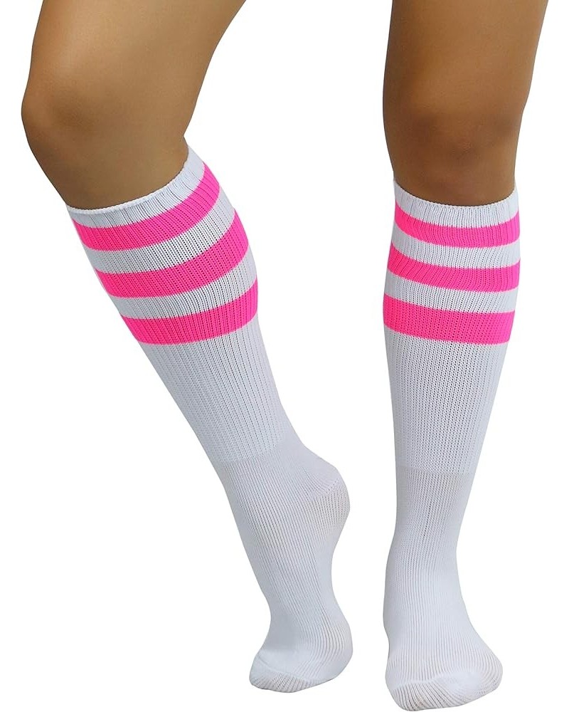 Women's Premium Below Knee Athletic Socks w/Contrasting Wide Stripes White / Hotpink $12.57 Socks