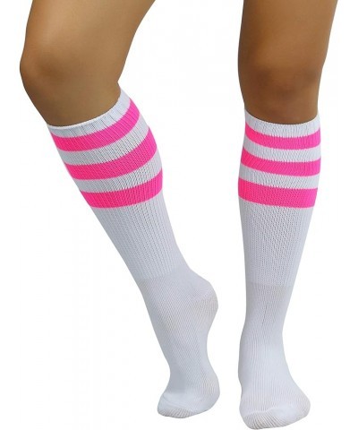 Women's Premium Below Knee Athletic Socks w/Contrasting Wide Stripes White / Hotpink $12.57 Socks