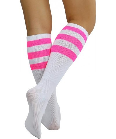 Women's Premium Below Knee Athletic Socks w/Contrasting Wide Stripes White / Hotpink $12.57 Socks