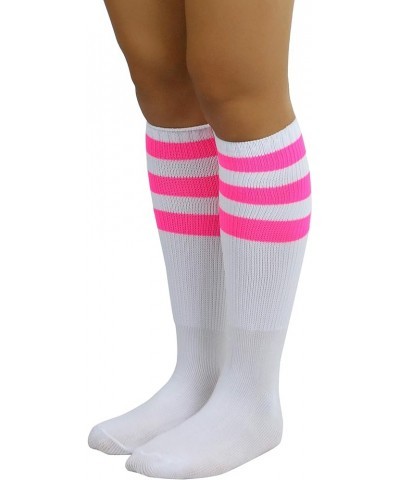 Women's Premium Below Knee Athletic Socks w/Contrasting Wide Stripes White / Hotpink $12.57 Socks