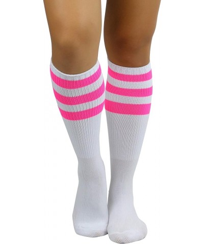 Women's Premium Below Knee Athletic Socks w/Contrasting Wide Stripes White / Hotpink $12.57 Socks