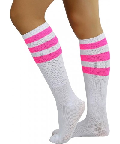 Women's Premium Below Knee Athletic Socks w/Contrasting Wide Stripes White / Hotpink $12.57 Socks