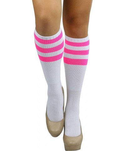 Women's Premium Below Knee Athletic Socks w/Contrasting Wide Stripes White / Hotpink $12.57 Socks