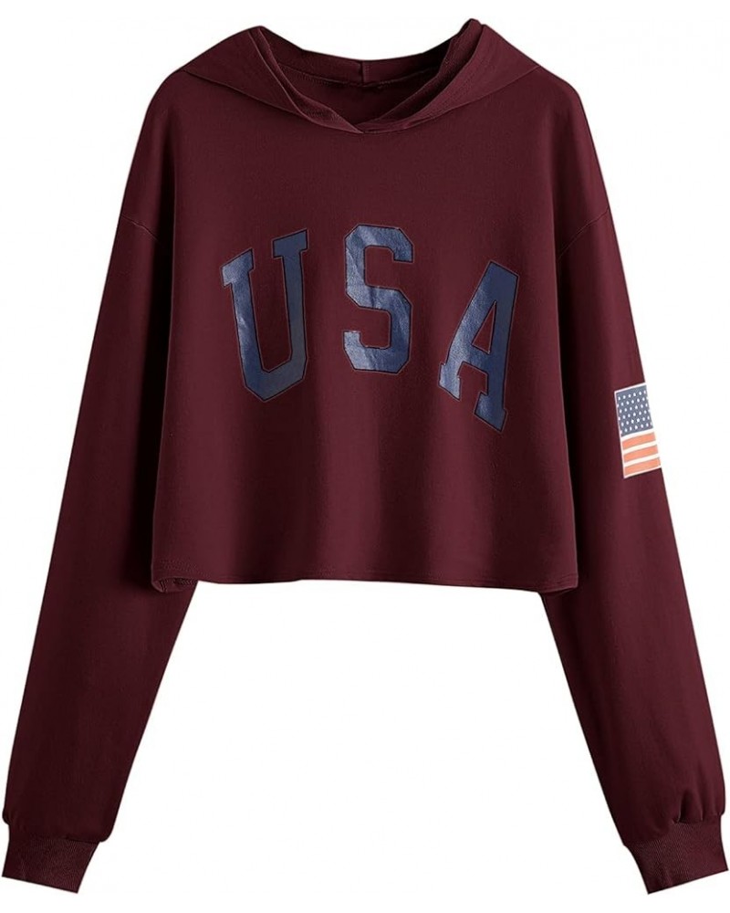 Women's Casual Letter Print Long Sleeve Crop Top Sweatshirt Hoodies Burgundy $10.79 Hoodies & Sweatshirts