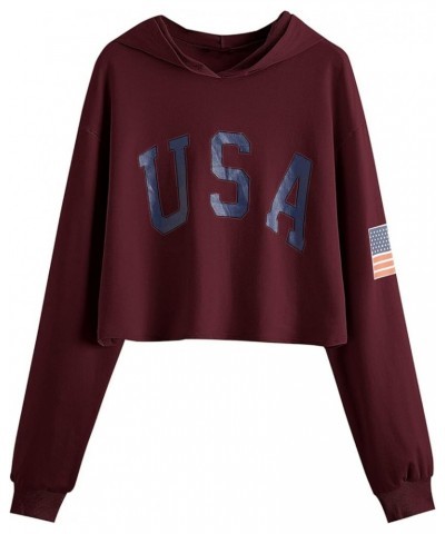 Women's Casual Letter Print Long Sleeve Crop Top Sweatshirt Hoodies Burgundy $10.79 Hoodies & Sweatshirts