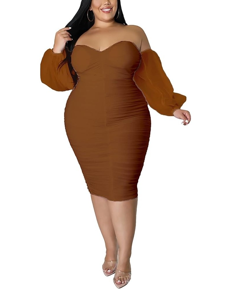 Women's Plus Size Off Shoulder Mesh Puff Long Sleeve Bodycon Ruched Midi Party Cocktail Dress Coffee $23.51 Dresses