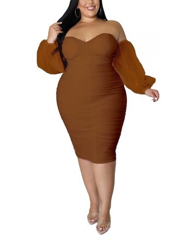 Women's Plus Size Off Shoulder Mesh Puff Long Sleeve Bodycon Ruched Midi Party Cocktail Dress Coffee $23.51 Dresses