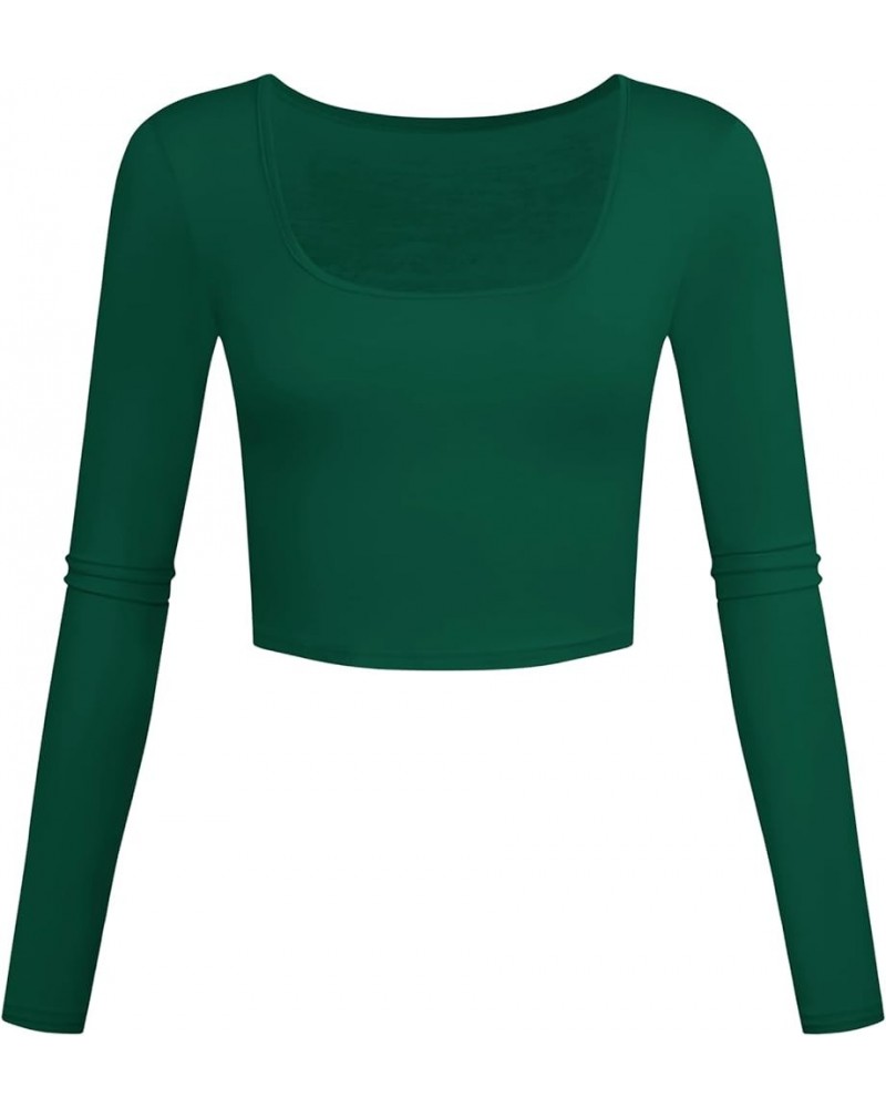 Lightweight Square Neck Crop Tops Long Sleeve Slim Fit Basic Workout Shirts for Women Green $7.66 Activewear