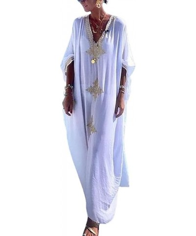 V Neck Kaftan Dresses for Women Side Split Long Beachwear Caftan Casual Swimsuit Cover Up C-white $19.24 Swimsuits