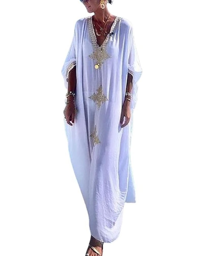 V Neck Kaftan Dresses for Women Side Split Long Beachwear Caftan Casual Swimsuit Cover Up C-white $19.24 Swimsuits