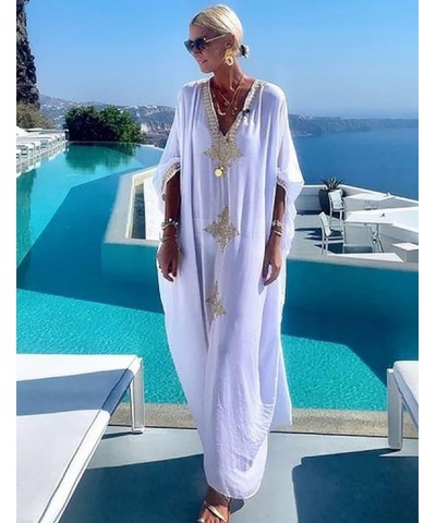 V Neck Kaftan Dresses for Women Side Split Long Beachwear Caftan Casual Swimsuit Cover Up C-white $19.24 Swimsuits