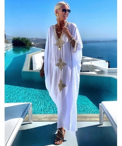 V Neck Kaftan Dresses for Women Side Split Long Beachwear Caftan Casual Swimsuit Cover Up C-white $19.24 Swimsuits