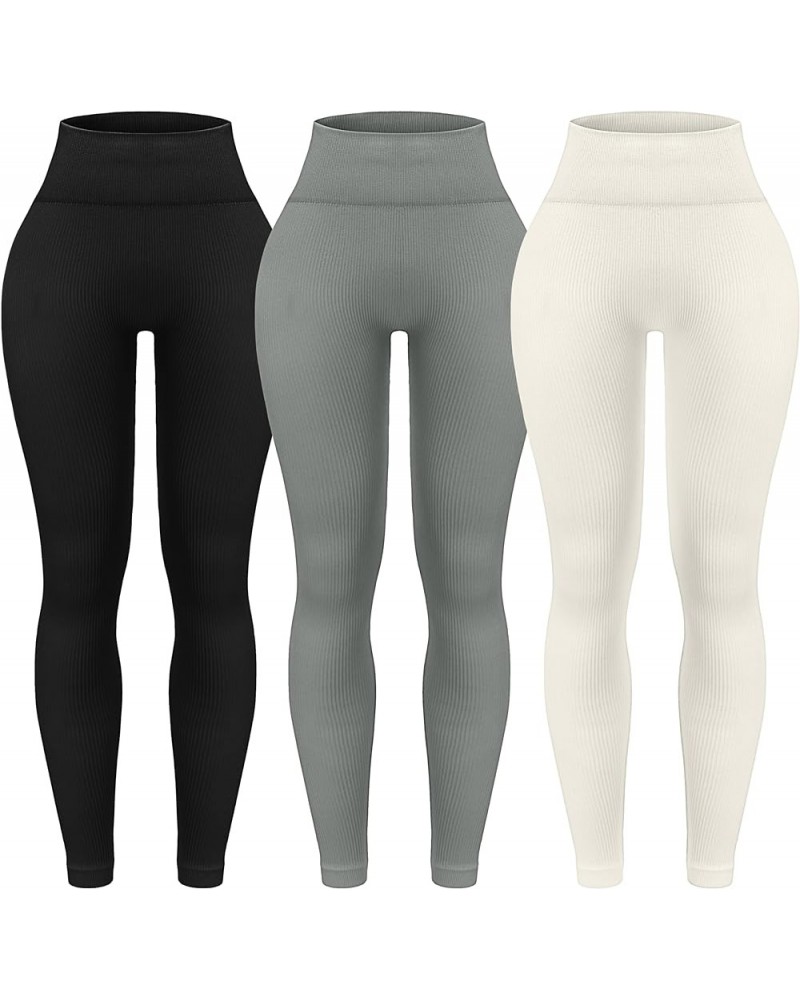 3 Piece Ribbed Seamless Leggings for Women High Waist Workout Gym Athletic Yoga Pants Black/Grey/Beige $19.00 Activewear