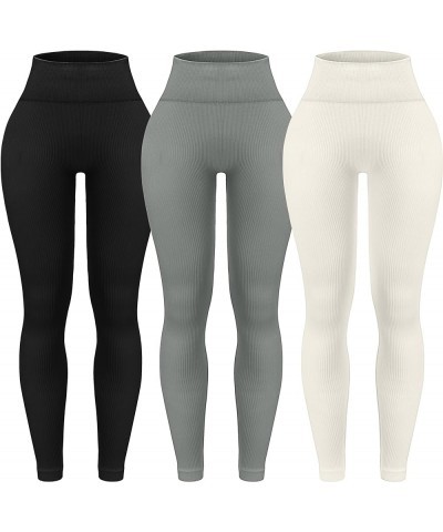 3 Piece Ribbed Seamless Leggings for Women High Waist Workout Gym Athletic Yoga Pants Black/Grey/Beige $19.00 Activewear