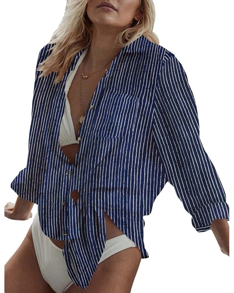 Women Long Sleeve Beach Shirt Blouses Bathing Suit Cover Up Button Down Collar H-dark Blue Stripes $13.20 Swimsuits