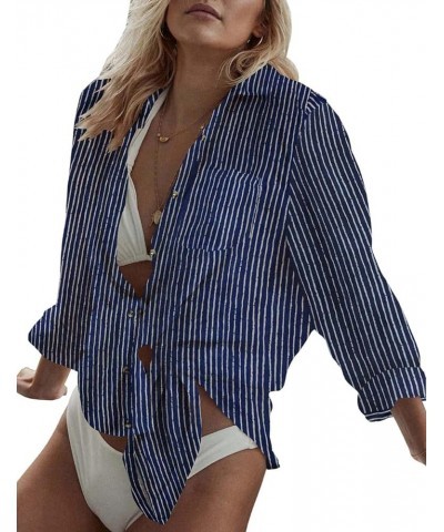 Women Long Sleeve Beach Shirt Blouses Bathing Suit Cover Up Button Down Collar H-dark Blue Stripes $13.20 Swimsuits