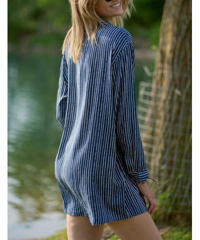 Women Long Sleeve Beach Shirt Blouses Bathing Suit Cover Up Button Down Collar H-dark Blue Stripes $13.20 Swimsuits