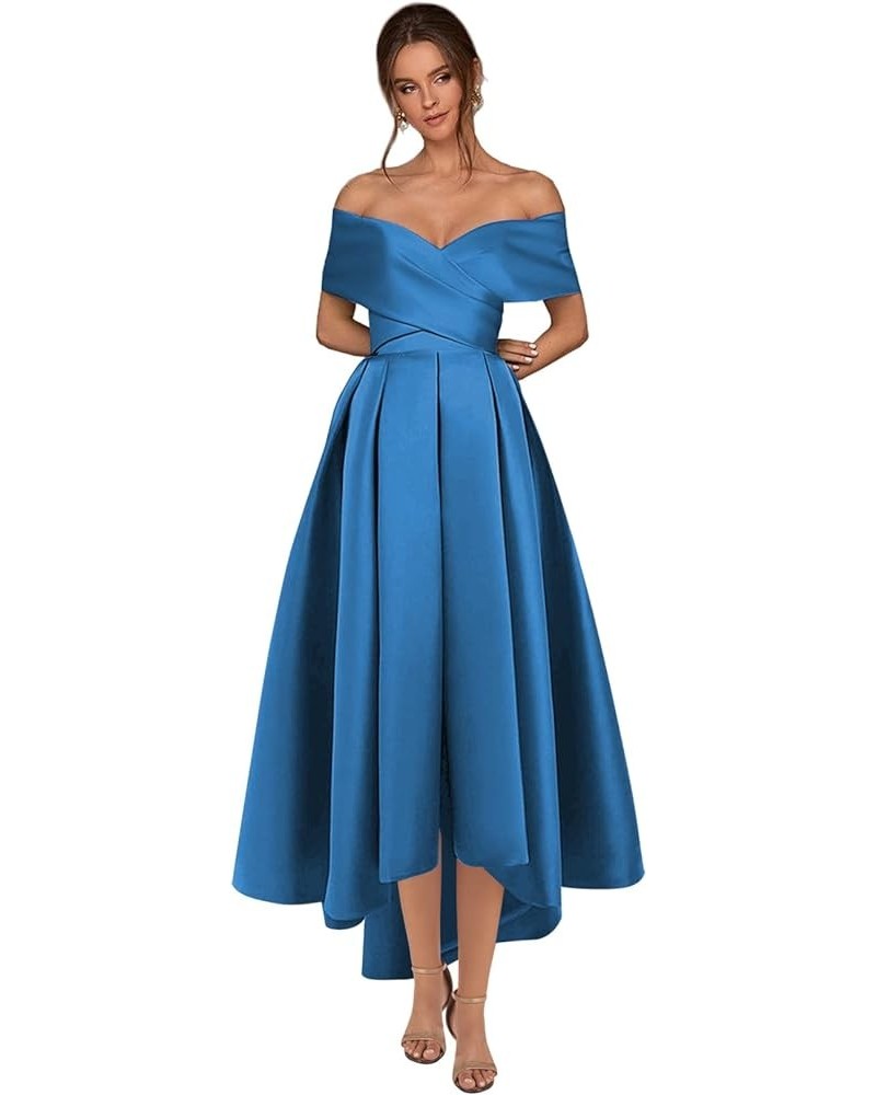 Women’s High Low Satin Prom Dress with Pockets Off The Shoulder Formal Cocktail Homecoming Dresses Malibu Blue $36.75 Dresses