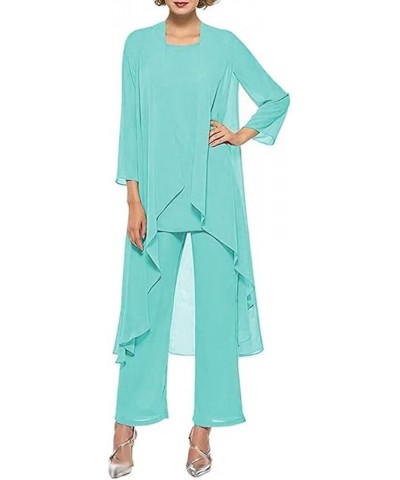 3 PCS Mother of The Bride Dresses Pant Suits with Jacket Long Sleeve Chiffon Formal Dresses for Women Turquoise $25.80 Suits