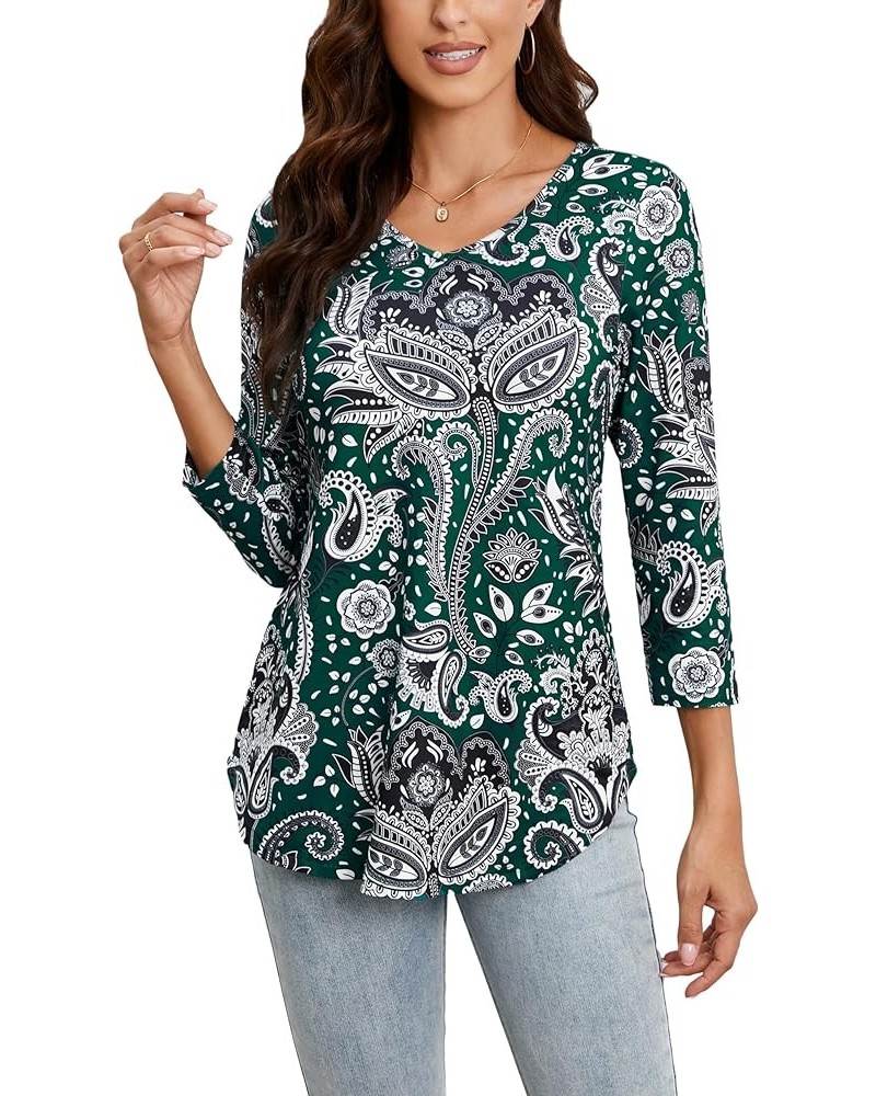 Tunic Tops for Women 3/4 Sleeve V Neck Womens Tunics Floral Curved Hem Swing Casual Blouse T Shirts for Leggings 01-green Pai...