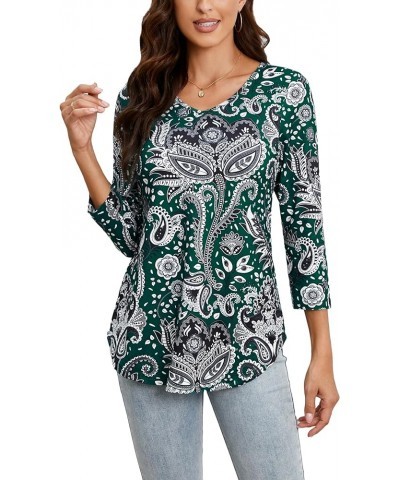 Tunic Tops for Women 3/4 Sleeve V Neck Womens Tunics Floral Curved Hem Swing Casual Blouse T Shirts for Leggings 01-green Pai...