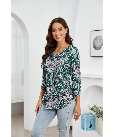 Tunic Tops for Women 3/4 Sleeve V Neck Womens Tunics Floral Curved Hem Swing Casual Blouse T Shirts for Leggings 01-green Pai...