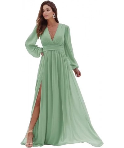 Women's Long Sleeve Bridesmaid Dresses with Slit Long Ruched Formal Evening Party Gown Sage Green $33.54 Dresses