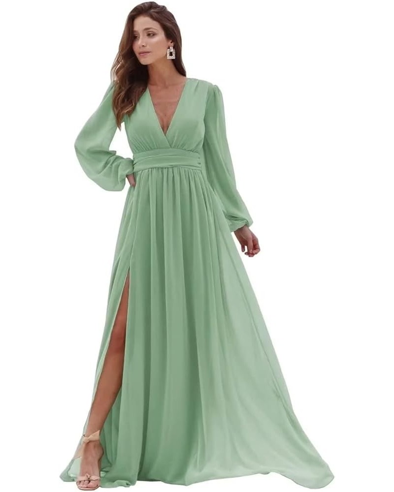 Women's Long Sleeve Bridesmaid Dresses with Slit Long Ruched Formal Evening Party Gown Sage Green $33.54 Dresses