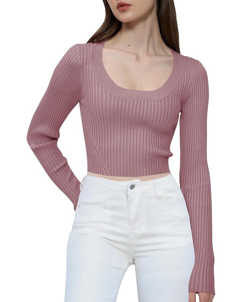 Women Long Sleeve Sexy Fitted Crop Tops Slim U Square Neck Knit Short Pullover U-neck Berry $10.79 Sweaters