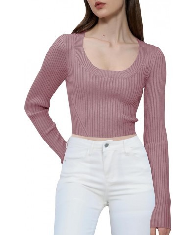 Women Long Sleeve Sexy Fitted Crop Tops Slim U Square Neck Knit Short Pullover U-neck Berry $10.79 Sweaters