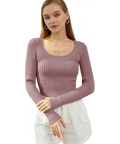 Women Long Sleeve Sexy Fitted Crop Tops Slim U Square Neck Knit Short Pullover U-neck Berry $10.79 Sweaters