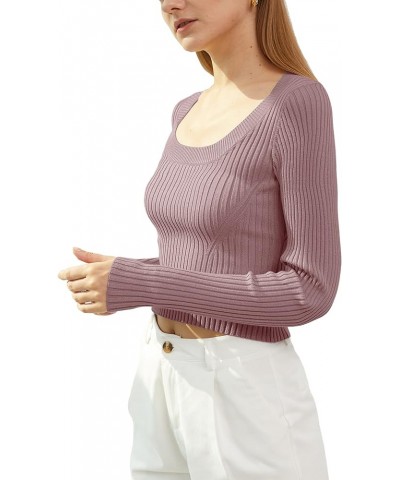 Women Long Sleeve Sexy Fitted Crop Tops Slim U Square Neck Knit Short Pullover U-neck Berry $10.79 Sweaters