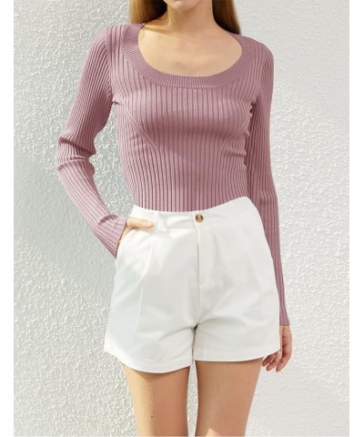 Women Long Sleeve Sexy Fitted Crop Tops Slim U Square Neck Knit Short Pullover U-neck Berry $10.79 Sweaters