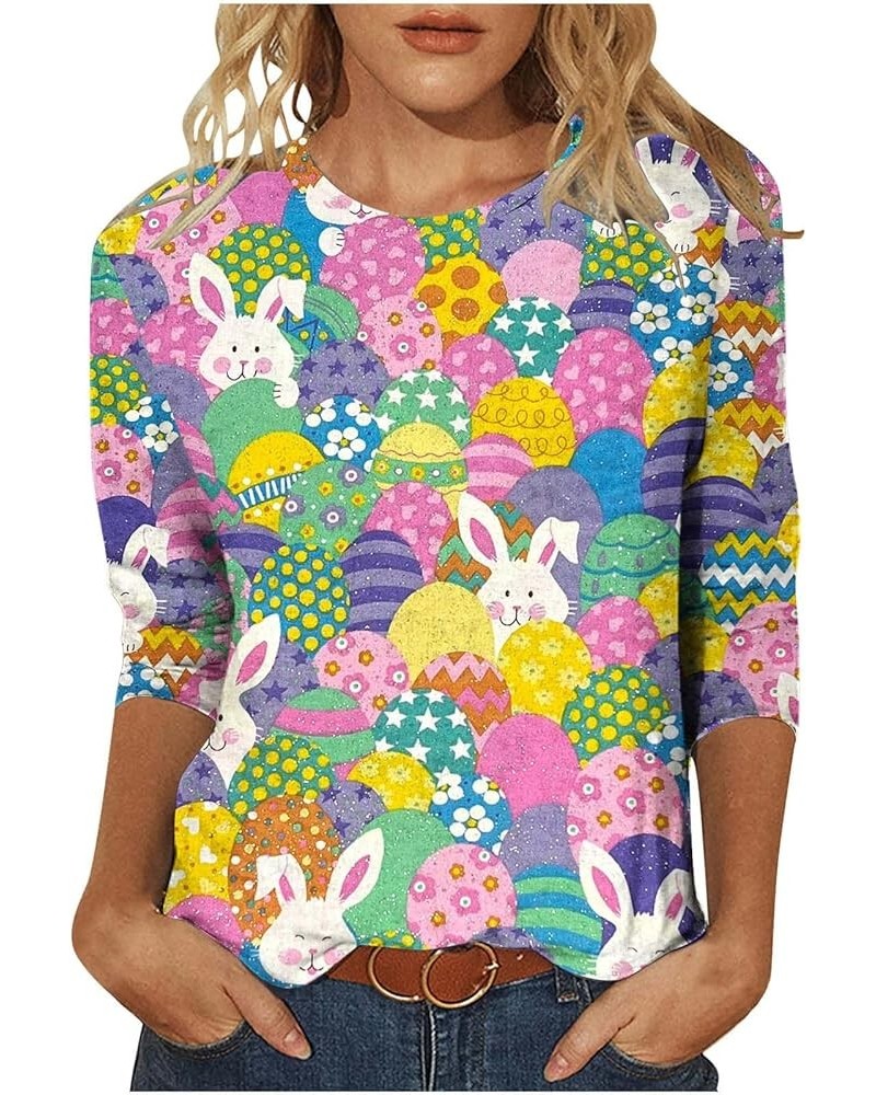 Happy Easter Shirts for Ladies Womens Three Quarter Sleeve Tops Funny Bunny Graphic Shirts Ruond Neck Blouses Multicolor $4.0...