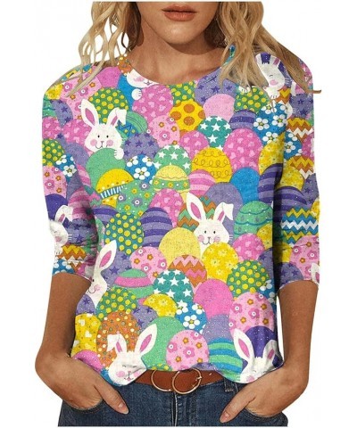 Happy Easter Shirts for Ladies Womens Three Quarter Sleeve Tops Funny Bunny Graphic Shirts Ruond Neck Blouses Multicolor $4.0...